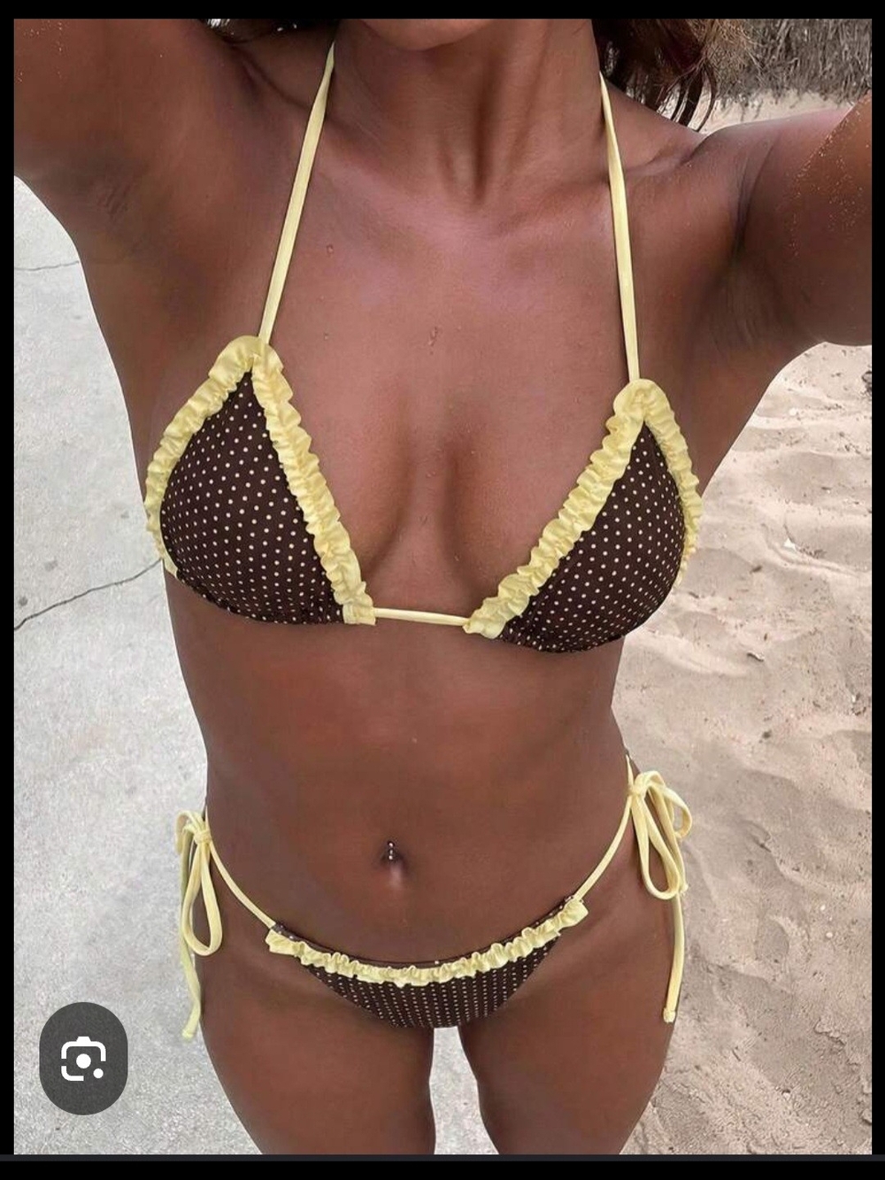 NWOT Yellow-Trim Brown Polka Dot Ruffle Triangle Bikini - Women Swim SZ L